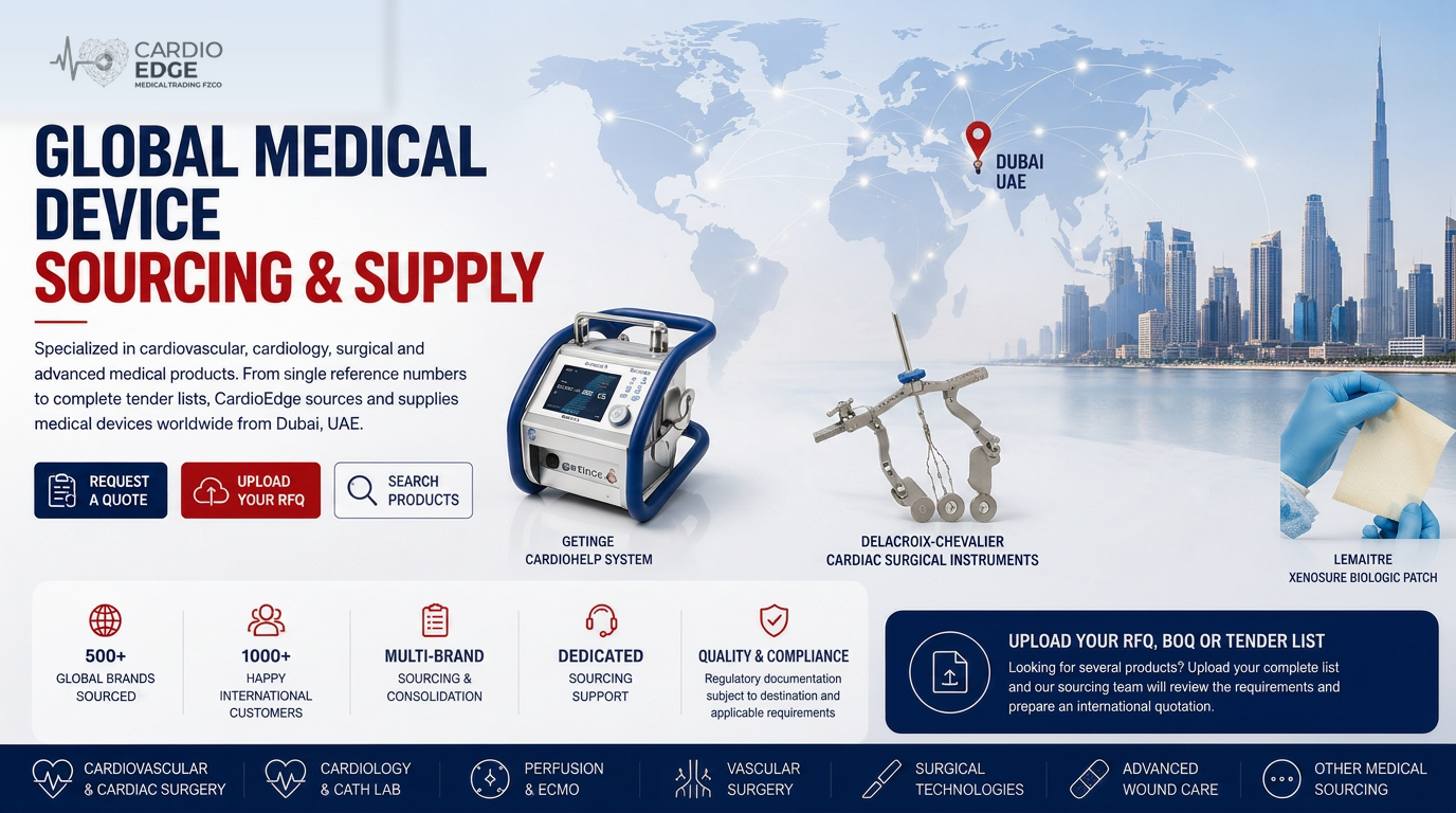 CardioEdge Medical Trading FZCO hero banner: global medical device sourcing and supply from Dubai, UAE — Getinge CARDIOHELP ECMO system, Delacroix-Chevalier cardiac surgical instruments and LeMaitre XenoSure biologic patch shown with a world map and the Dubai skyline CardioEdge Medical Trading FZCO hero banner: global medical device sourcing and supply from Dubai, UAE — Getinge CARDIOHELP ECMO system, Delacroix-Chevalier cardiac surgical instruments and LeMaitre XenoSure biologic patch shown with a world map and the Dubai skyline